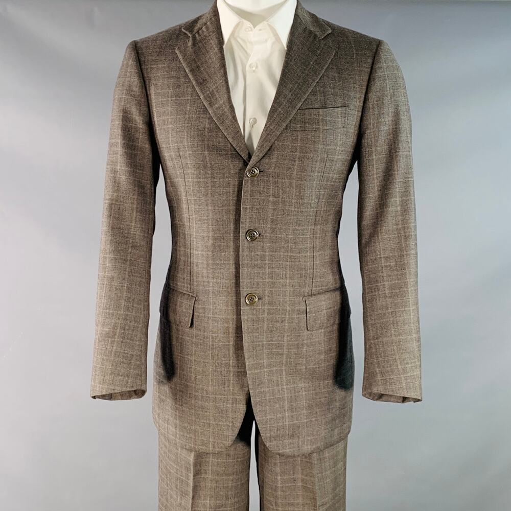 LUCIANO BARBERA Size 38 Regular Brown Plaid Wool Notch Lapel Pleated Suit